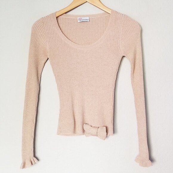 RED Valentino Champagne Rose Gold Lurex Rib Knit Bow Ruffle Fitted Sweater Wool - Picture 2 of 16